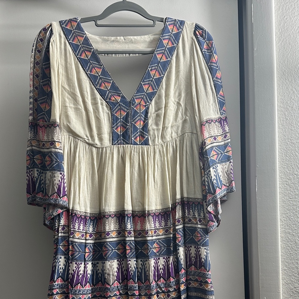 Free People Cream and Blue Patterned Long Sleeve Dress
